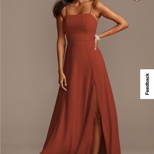 Spaghetti strap chiffon bridesmaid dress with slit in cinnamon